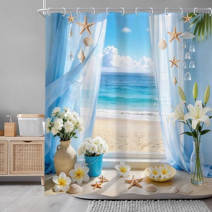 Ocean Coastal Blue Sea Fish Beach Floral Beachy Bathroom Shower Curtain Set