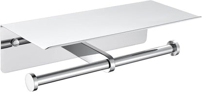 Polished Chrome Double Toilet Paper Holder with Shelf, Wall Mounted | 304 Stainless Steel, Rustproof for Bathroom, Restroom, Powder Room, Kitchen, 2-in-1 Functional Paper Roll & Phone Storage