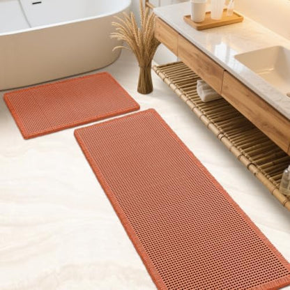 IM HOME Waffle Bath Mat Set 2 Piece Burnt Orange,Woven Modern Bath Rug Mats, Absorbent Non Slip Bath Floor Mat, Soft Washable Boho Bath Rugs with Tassels for Bathroom, Bedroom, Kitchen, Tub
