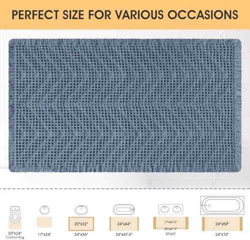 Upgrade Waffle Bath Mat, Boho Bathroom Rugs Absorbent Non Slip, Ultra Soft Bathroom Mat, Machine Washable Knit Bath Rugs with Herringbones for Bathroom, Bedroom, Kitchen, Shower, Tub, 36"x24", Blue