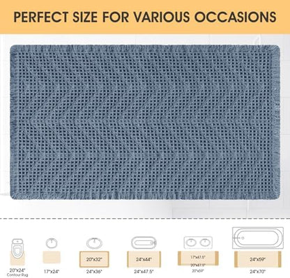 Upgrade Waffle Bath Mat, Boho Bathroom Rugs Absorbent Non Slip, Ultra Soft Bathroom Mat, Machine Washable Knit Bath Rugs with Herringbones for Bathroom, Bedroom, Kitchen, Shower, Tub, 32"x20", Blue