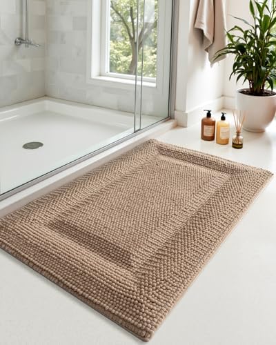 DEXI Bathroom Rugs 24x16, Non Slip Washable Chinelle Bath Mat, Dark Beige