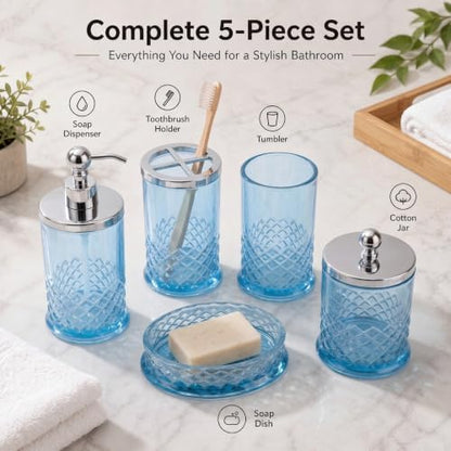 JKE Bathroom Accessories Set, 5-Piece Set with Vintage-Style Thick Glass Soap Dispenser, Toothbrush Holder, Soap Dish, and Cotton Swab Jar, Suitable for Bathroom Countertops, Blue