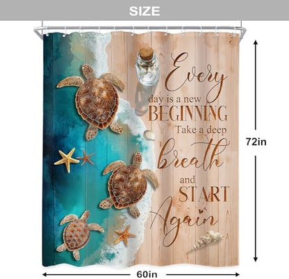 Ocean Beach Turtle Blue Brown Sand Beachy Sea Bathroom Shower Curtain Set