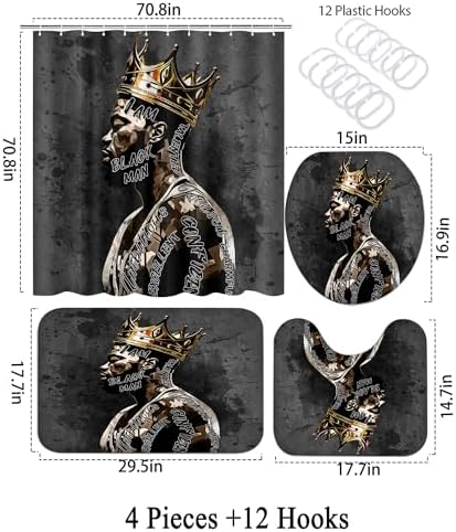 African American Shower Curtain Sets for Bathroom, Black Praying King Bathroom Sets with Waterproof Shower Curtain and Non-Slip Rugs Toilet Lid Cover Bath Mat, Cool Unique Man Bathroom Decor Sets