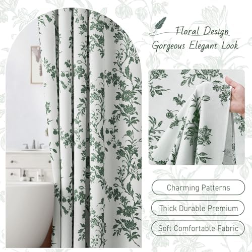 Green Floral Shower Curtain,Vintage Cotton Cottagecore Shower Curtains for Bathroom, 72" W x 72" L