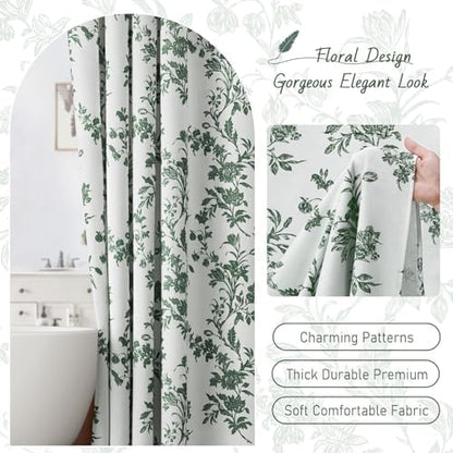 Green Floral Shower Curtain,Vintage Cotton Cottagecore Shower Curtains for Bathroom, 72" W x 72" L