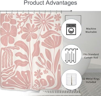 Pink Matisse Flower Shower Curtain 60Wx72L Inch Abstract Retro Aesthetic Minimalist Vintage Art 70s Trendy Modern Bathroom Set Accessories Decor with 12 Pack Hooks