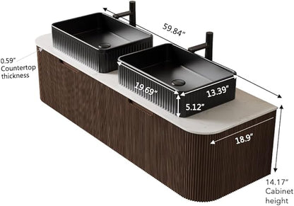 60'' Bathroom Vanities Cabinet with Sink, Wall Mounted Floating Cabinet W/Curved Edges Stripes, Oak Plywood, Soft-Close System with 2 Drawer & 2 Black Rectangular Ceramic Basin - Kiel, Dark Walnut/B