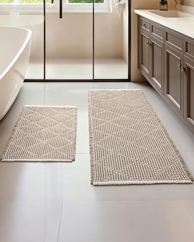 Furicher Waffle Bath Mat Set, Non Slip Bathroom Rugs 2 Piece, Brown & White