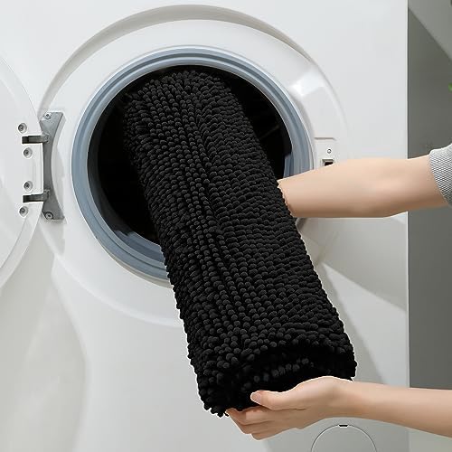 HOMEIDEAS Black Chenille Bathroom Rugs Set of 3, Non Slip Bath Mat