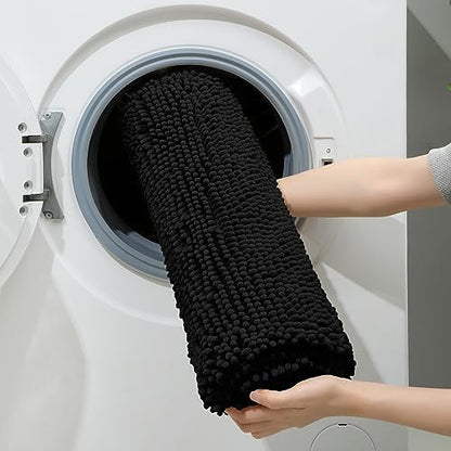 HOMEIDEAS Black Chenille Bathroom Rugs Set of 3, Non Slip Bath Mat