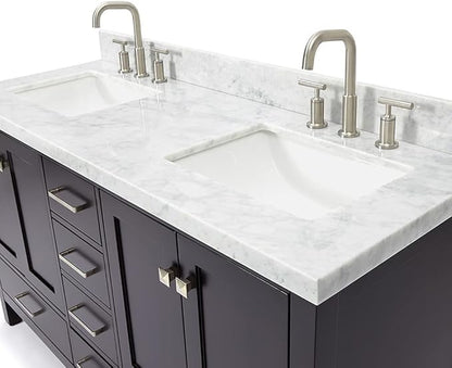 ARIEL Cambridge 60-inch Bathroom Vanity with Sink,Solid Wood, 1.5-inch Italian Carrara Marble Countertop, Double Rectangular Porcelain Sink, 4 Soft Closing Doors, 6 Dovetail Drawers, Espresso