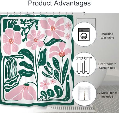 Abstract Flower Matisse Shower Curtain 60Wx72L Inch Pink Green Plant Minimalist Contemporary Retro Art Groovy Modern Bathroom Set Accessories Decor with 12 Pack Hooks