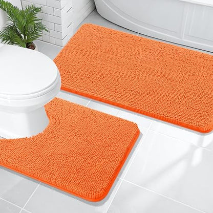OLANLY Chenille Bathroom Rugs Mats Sets 2 Piece, 47"x20"+24"x20", Orange