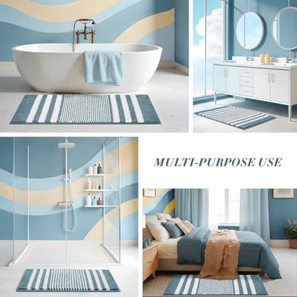 BSICPRO Bathroom Rugs Sets 2 Piece, Non Slip Striped Bath Mats, Denim Blue