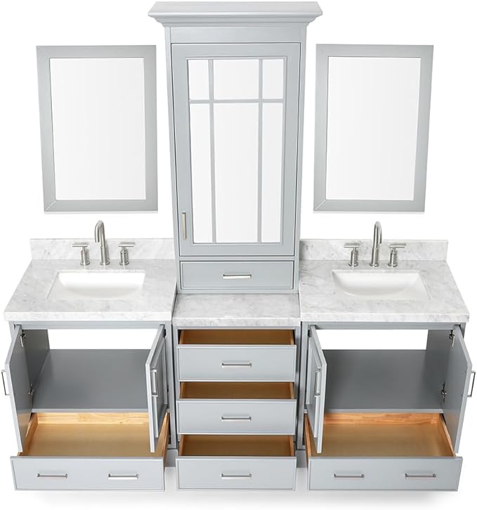 ARIEL Stafford 84-inch Bathroom Vanity with Sink,Solid Wood, 1.5-inch Italian Carrara Marble Countertop, Double Rectangular Porcelain Sink, 5 Soft Closing Doors, 6 Dovetail Drawers, Grey