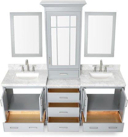 ARIEL Stafford 84-inch Bathroom Vanity with Sink,Solid Wood, 1.5-inch Italian Carrara Marble Countertop, Double Rectangular Porcelain Sink, 5 Soft Closing Doors, 6 Dovetail Drawers, Grey