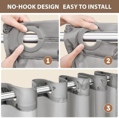 FADOTY No Hook Shower Curtain Snap in Liner Set with Grey Butterfly Design