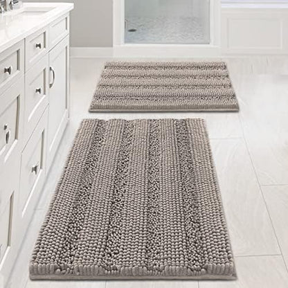 Non Slip Thick Shaggy Chenille Bathroom Rug Mat Set Extra Soft and Absorbent Striped Floor Rugs, 2 Piece, Machine-Washable