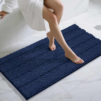 Yimobra Bathroom Rug Mat 47 x 24, Non Slip and Super Absorbent Bath Mat,Machine Washable Quick Dry,Ultra Plush Chenille Shower Rugs for Bathroom Floor Sink Tub and Shower Outside,Navy Blue