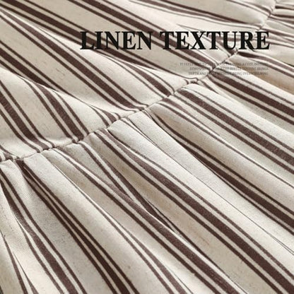 Farmhouse Shower Curtain Ruffle Linen Cream-Brown Stripe 72"W x 90"L
