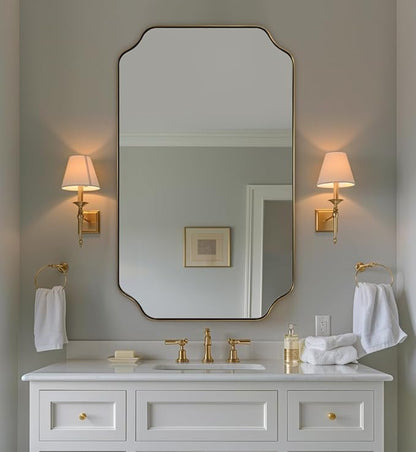 24"x40" Gold Mirror, Brushed Brass Scalloped Wall Mirror, Unique Rectangle Mirror, Bathroom Vanity Mirror in Anti-Rust Stainless Steel Metal Frame 1’’ Deep, Hangs Vertically/Horizontally