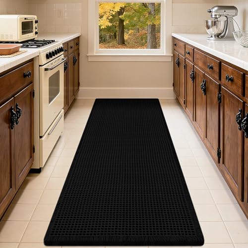 IM HOME Waffle Bath Mat Black 5'x2', Boho Woven Modern Bath Mat Rugs, Absorbent Non Slip Bathroom Rugs, Soft Washable Bath Rugs with Tassels for Bathroom, Bedroom, Kitchen, Shower, Tub