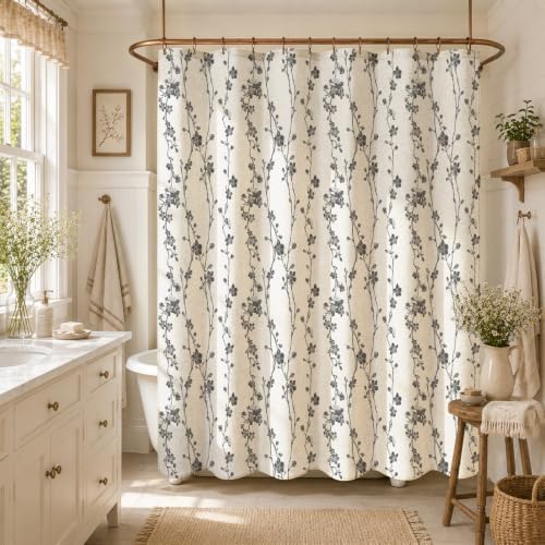 Dark Grey Farmhouse Linen Shower Curtain, Boho Floral Fabric, 72 x 84