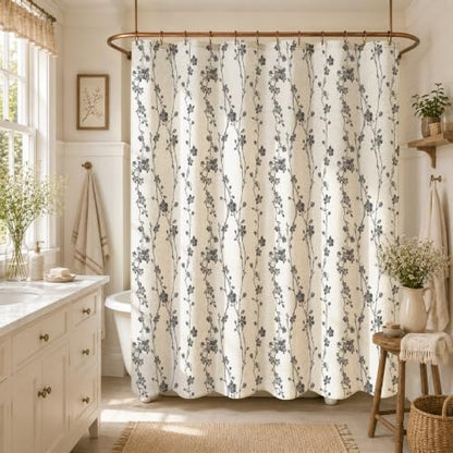 Dark Grey Farmhouse Linen Shower Curtain, Boho Floral Fabric, 72 x 84