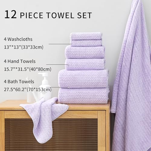 Ultra Soft Bath Towel Set,12 Piece (4 Bath Towels,4 Hand Towels,4 Washcloths) Family Bathroom Towels Set with Hanging Loop,Quick Dry Extra Absorbent Shower Towel for Bathroom,Hotel,Spa-Light Purple