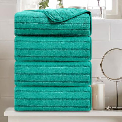 4 Pcs Teal Cabana Stripe Large Bath Sheets Soft Microfiber Bathroom Towels