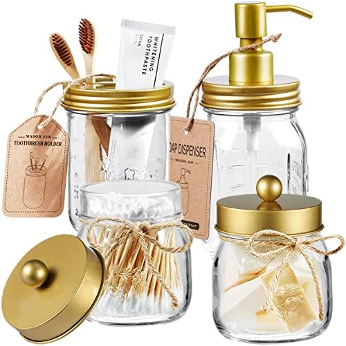 Amolliar Mason Jar Bathroom Accessories Set, 4 Pcs Glass Bathroom Set, Gold