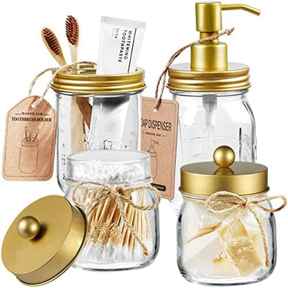 Amolliar Mason Jar Bathroom Accessories Set, 4 Pcs Glass Bathroom Set, Gold
