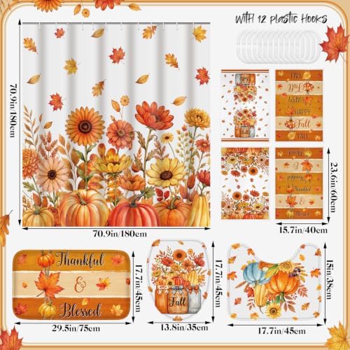 Honoson 8 Pcs Fall Shower Curtain Set, Autumn Thanksgiving Bathroom Set