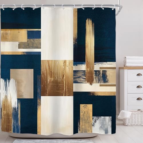 Riyidecor Navy Blue Gold Abstract Shower Curtain for Bathroom Decor 72Wx72H Boho Beige Oil Painting Modern Neutral Aesthetic Artistic Art Printed Fabric Polyester Waterproof 12 Pack Plastic Hooks