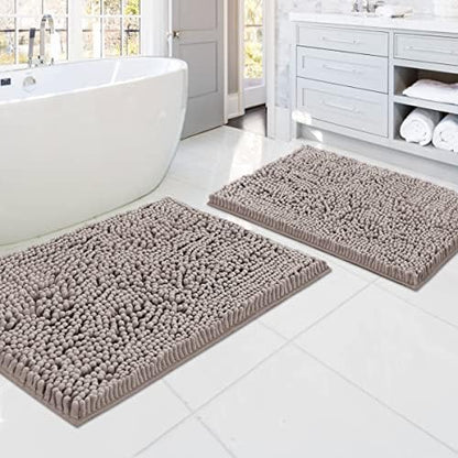 H.VERSAILTEX Bath Mats for Bathroom Non Slip Luxury Chenille Bathroom Rugs Extra Soft Absorbent Shaggy Mat Rugs Washable Fast Dry 2 Piece (Taupe, 20" x 32"/17" x 24")