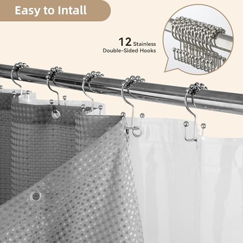 Grey Shower Curtain and Liner Set, 3 in 1 Waffle Shower Curtain Set with 12 Double Sided Shower Curtain Hooks, Fabric Shower Curtains for Bathroom 72 x 72