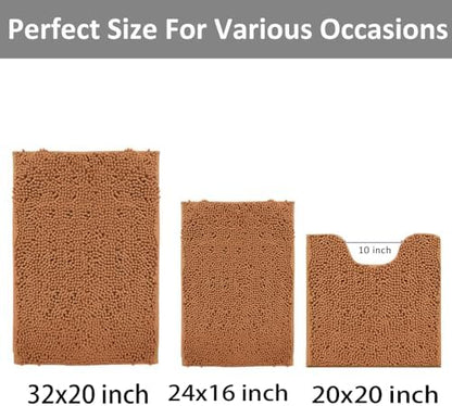 Bathroom Rugs Sets 3 Piece Non Slip Extra Absorbent Shaggy Chenille Batroom Rugs and Mats Sets, Soft & Dry Bath Rug/Mat Sets for Batroom Washable Carpets