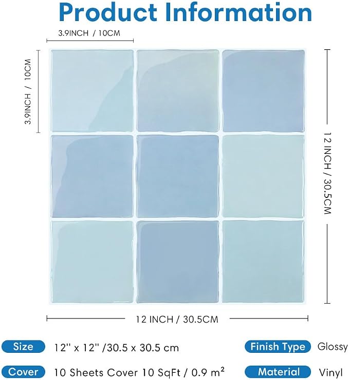 Thicker 3D Peel and Stick Backsplash Tiles, 10 Pcs 12" x 12" | Vintage Blue, Glossy Self Adhesive Backsplash Wall Sticker for Renter Friendly Bathroom DIY Wall Makeover, Cover 10 sq ft