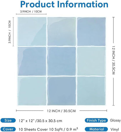 Thicker 3D Peel and Stick Backsplash Tiles, 10 Pcs 12" x 12" | Vintage Blue, Glossy Self Adhesive Backsplash Wall Sticker for Renter Friendly Bathroom DIY Wall Makeover, Cover 10 sq ft