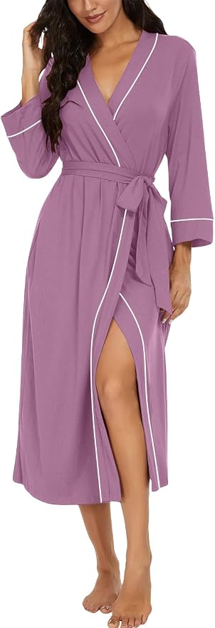 PrinStory Robes for Women 3/4 Sleeve Long Bath Robe XS-4XL | V-Neck Knit Bathrobe with Pockets, Lightweight, Soft, Breathable Robes for Shower, Spa, Travel, Home, Party, Nursing