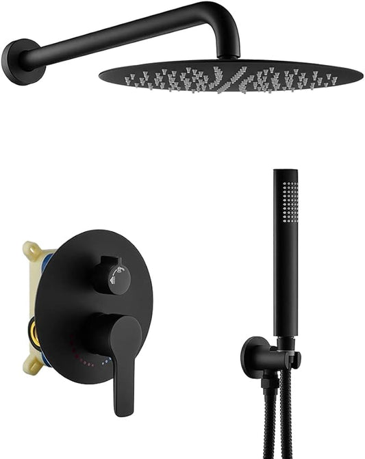 TIPOK Matte Black Shower System with 8 Inch Round Shower Head and Handheld, Rainfall Shower Faucets Sets Complete, Black Shower Head System Wall Mounted Matte Black Shower Set for Bathroom