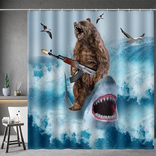 Aimego Long Funny Shower Curtain - Cool Bear Riding Shark Fun Crazy Ocean Wave Fabric Cloth Shower Curtain Set with 12 Hooks Adults Bathroom Decor Accessories Bathtub Curtain, 72"x78", Blue Brown