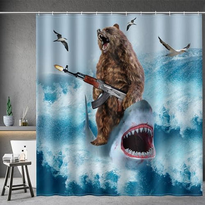 Aimego Long Funny Shower Curtain - Cool Bear Riding Shark Fun Crazy Ocean Wave Fabric Cloth Shower Curtain Set with 12 Hooks Adults Bathroom Decor Accessories Bathtub Curtain, 72"x78", Blue Brown