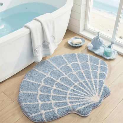 DEXI Cute Seashell Bath Mat, Coastal Scallop Bathroom Rug, 31x24 Blue