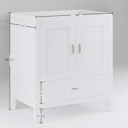 30" Bathroom Vanity Base – White Freestanding Cabinet with Bottom Drawer, Soft-Close Doors, Solid Wood Sink Base Only (No Top, 30" W x 21" D x 34.5" H)