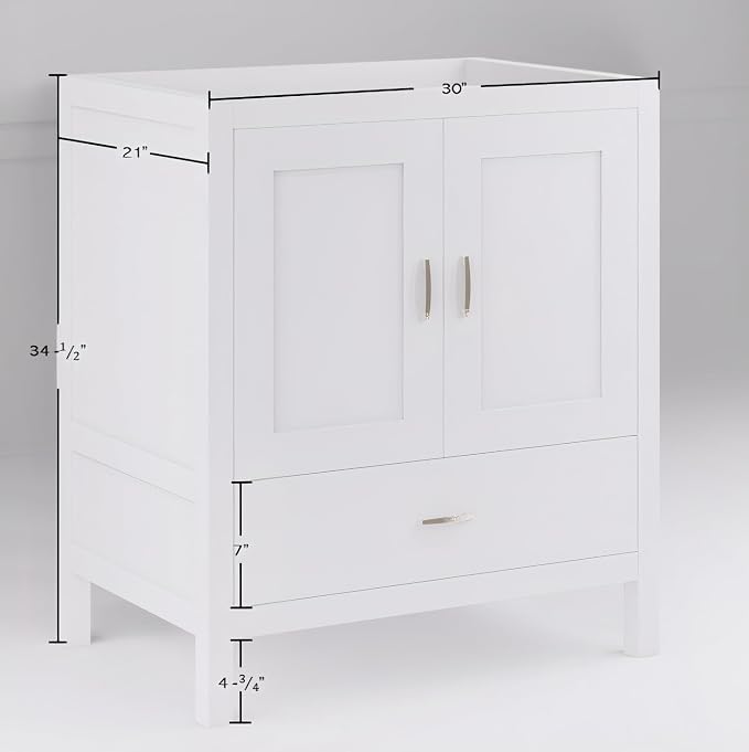 30" White Bathroom Vanity Base Only – Freestanding Solid Wood Sink Cabinet with Bottom Drawer, Shaker Style Storage, No Top or Sink, 30" W x 21" D x 34.5" H