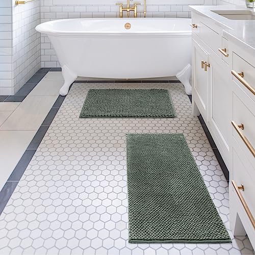 FRESHMINT Chenille Bath Rugs Set 2 Pieces, Sage Green, 17''x24''+20''x47''