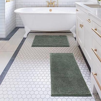 FRESHMINT Chenille Bath Rugs Set 2 Pieces, Sage Green, 17''x24''+20''x47''